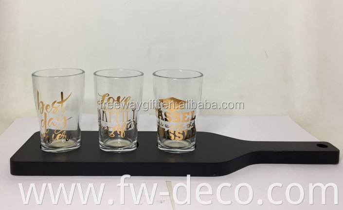 custom souvenir set 3 of tequila bullet printed shot wine glass cup with wood holder tray